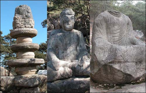 경주남산에 있는 머리가 훼손된 불상들, 조선 시대 훼손된 것으로 보인다. 